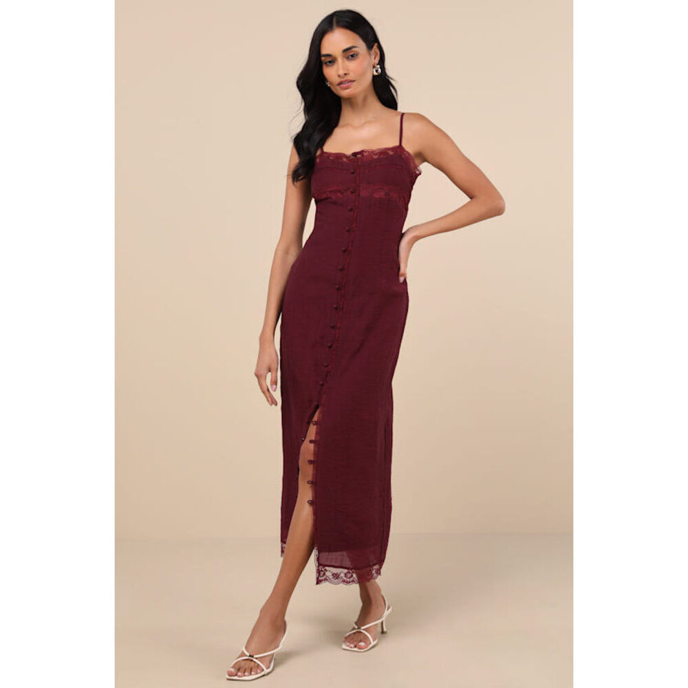 Lulus Veanna Burgundy Textured Lace Button-front Midi Dress - Size L